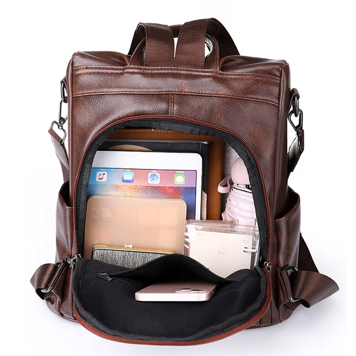 view with open pocket image of brown minimalist korean backpack 