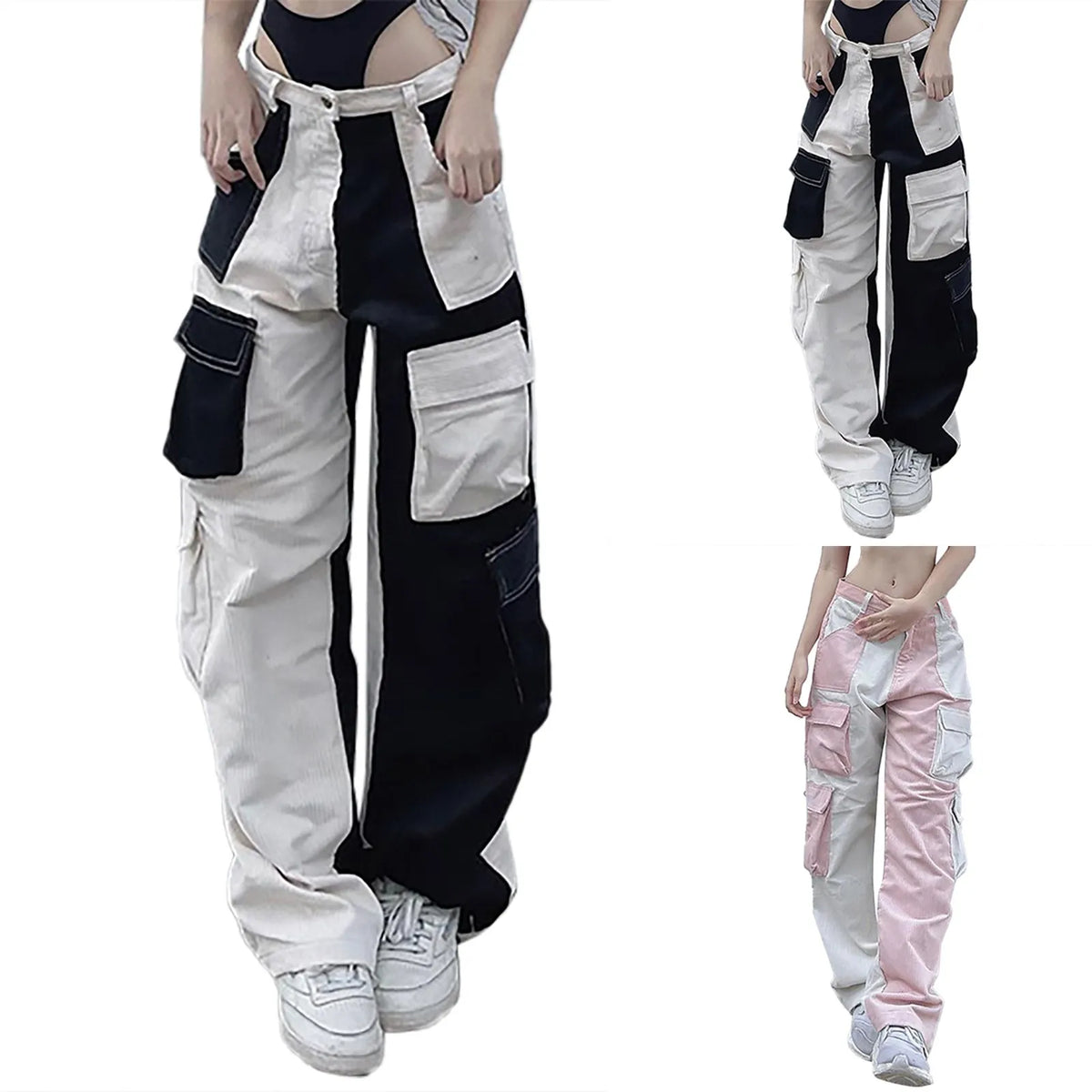 Dual Color Cargo Pants Women Baggy Trousers