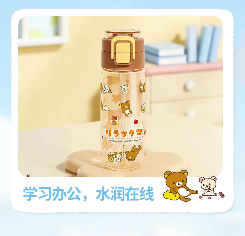 Kawaii Rilakkuma New Water Bottle 550ml Tritan Double Drink Straw Cup Cute Leakproof Portable For Outdoor Sports Travel