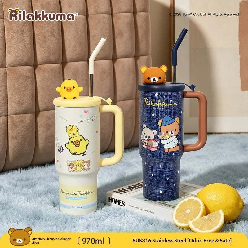 Kawaii Rilakkuma Insulated Cup With Straw 970ml Large Capacity Water Cup Printing Drinking Cup Easy Bear Anime Peripheral Gifts