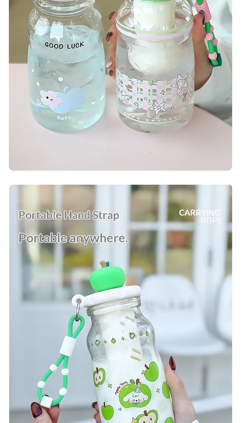 Kawaii Apple Milk Water Bottle, 600ML with Tea Infuser, Leakproof