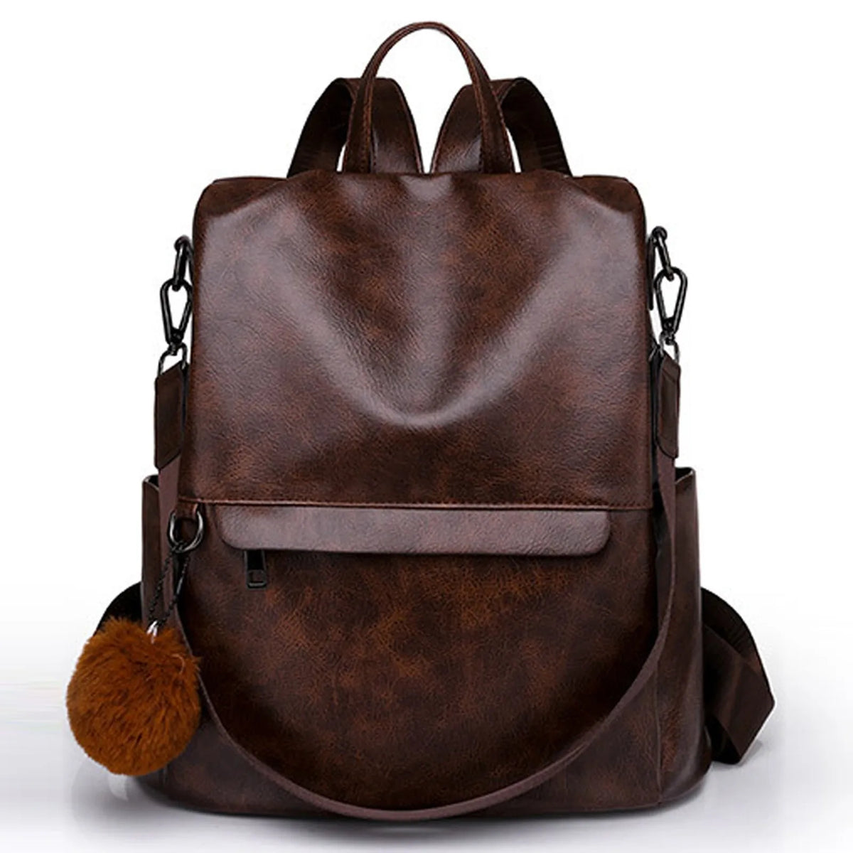 Image of cute minimalist brown korean backpack with pom pom
