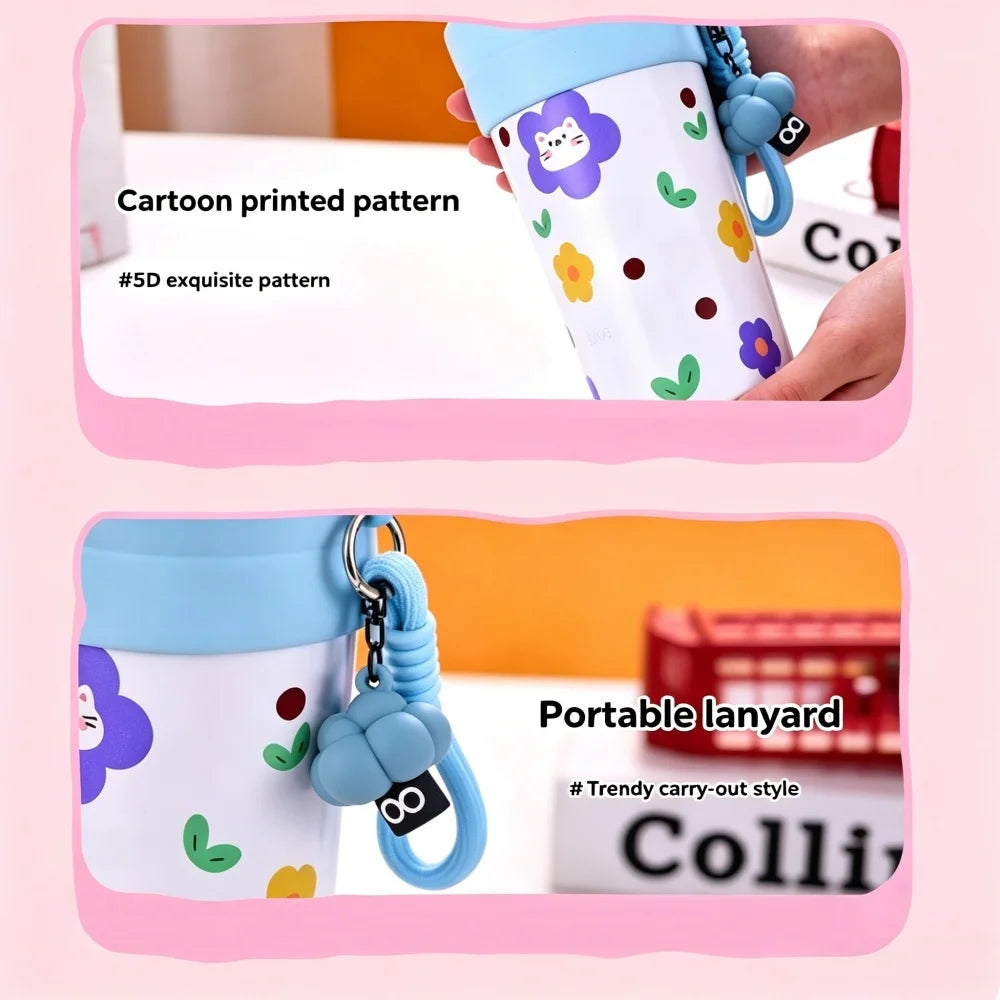700ML Large Capacity Water Cup, Fashion Cherry Dog &amp; Cat Pattern Coffee Mug, Reusable Water Bottle With Portable Rope, Leakproof Travel Tumbler for Student School Outdoor Daily Use