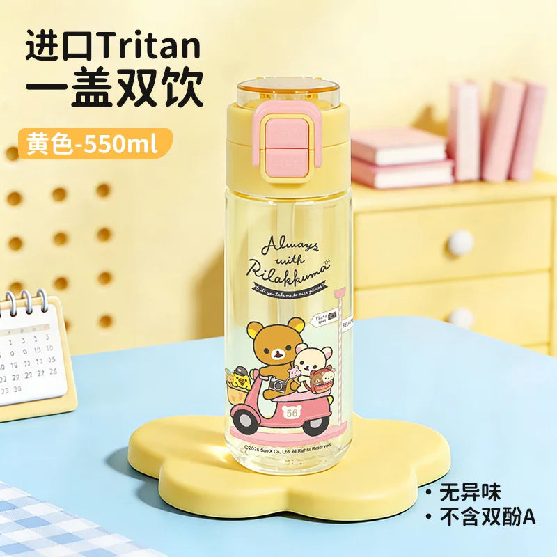 Kawaii Rilakkuma New Water Bottle 550ml Tritan Double Drink Straw Cup Cute Leakproof Portable For Outdoor Sports Travel