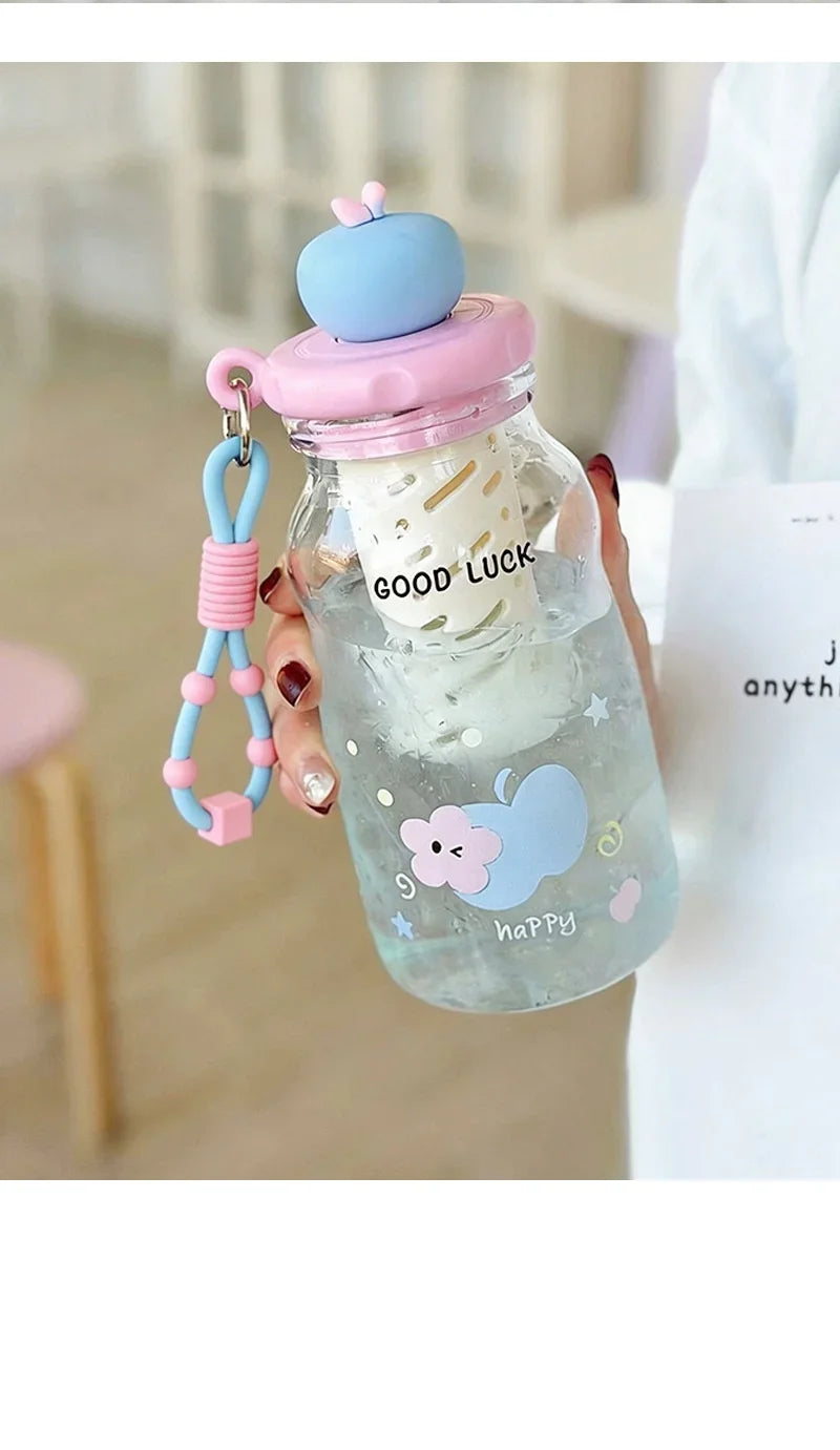 Kawaii Apple Milk Water Bottle, 600ML with Tea Infuser, Leakproof