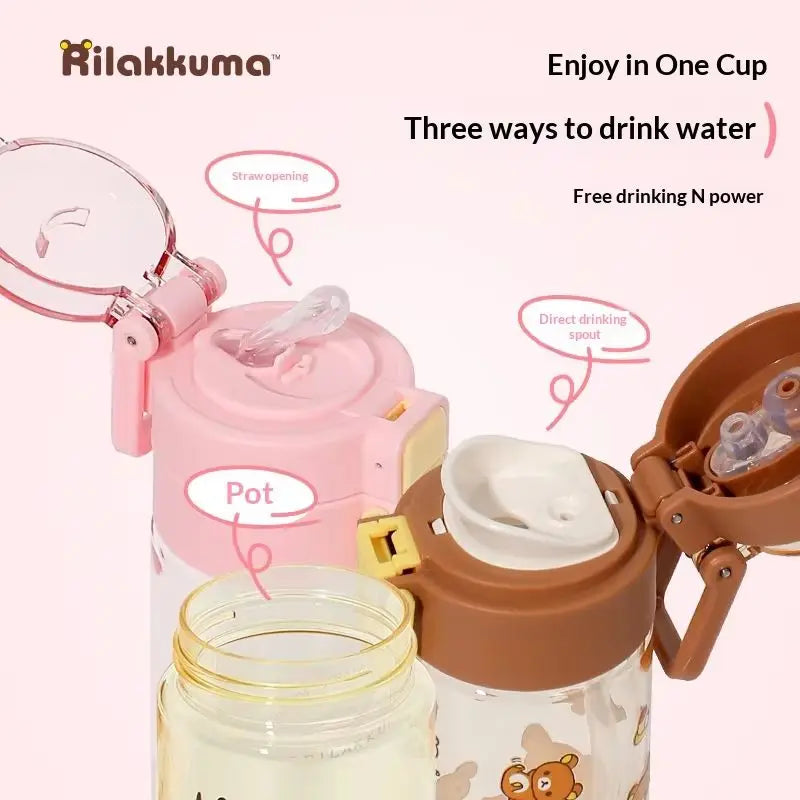 Kawaii Rilakkuma New Water Bottle 550ml Tritan Double Drink Straw Cup Cute Leakproof Portable For Outdoor Sports Travel