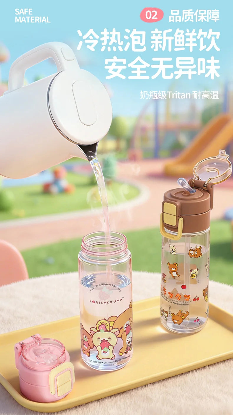 Kawaii Rilakkuma New Water Bottle 550ml Tritan Double Drink Straw Cup Cute Leakproof Portable For Outdoor Sports Travel