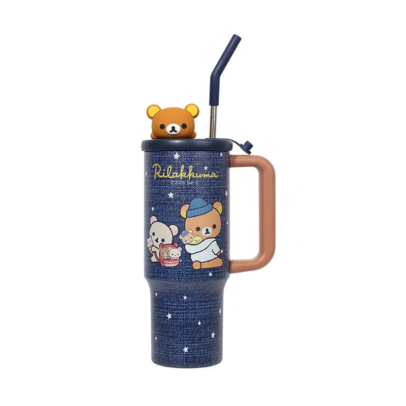 Kawaii Rilakkuma Insulated Cup With Straw 970ml Large Capacity Water Cup Printing Drinking Cup Easy Bear Anime Peripheral Gifts