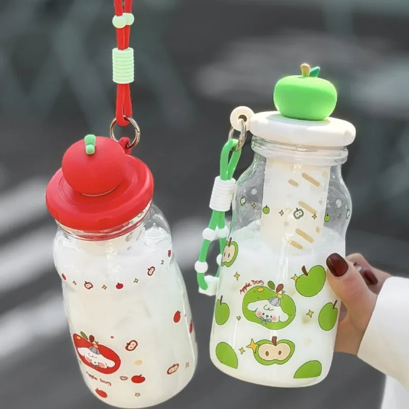 Kawaii Apple Milk Water Bottle, 600ML with Tea Infuser, Leakproof