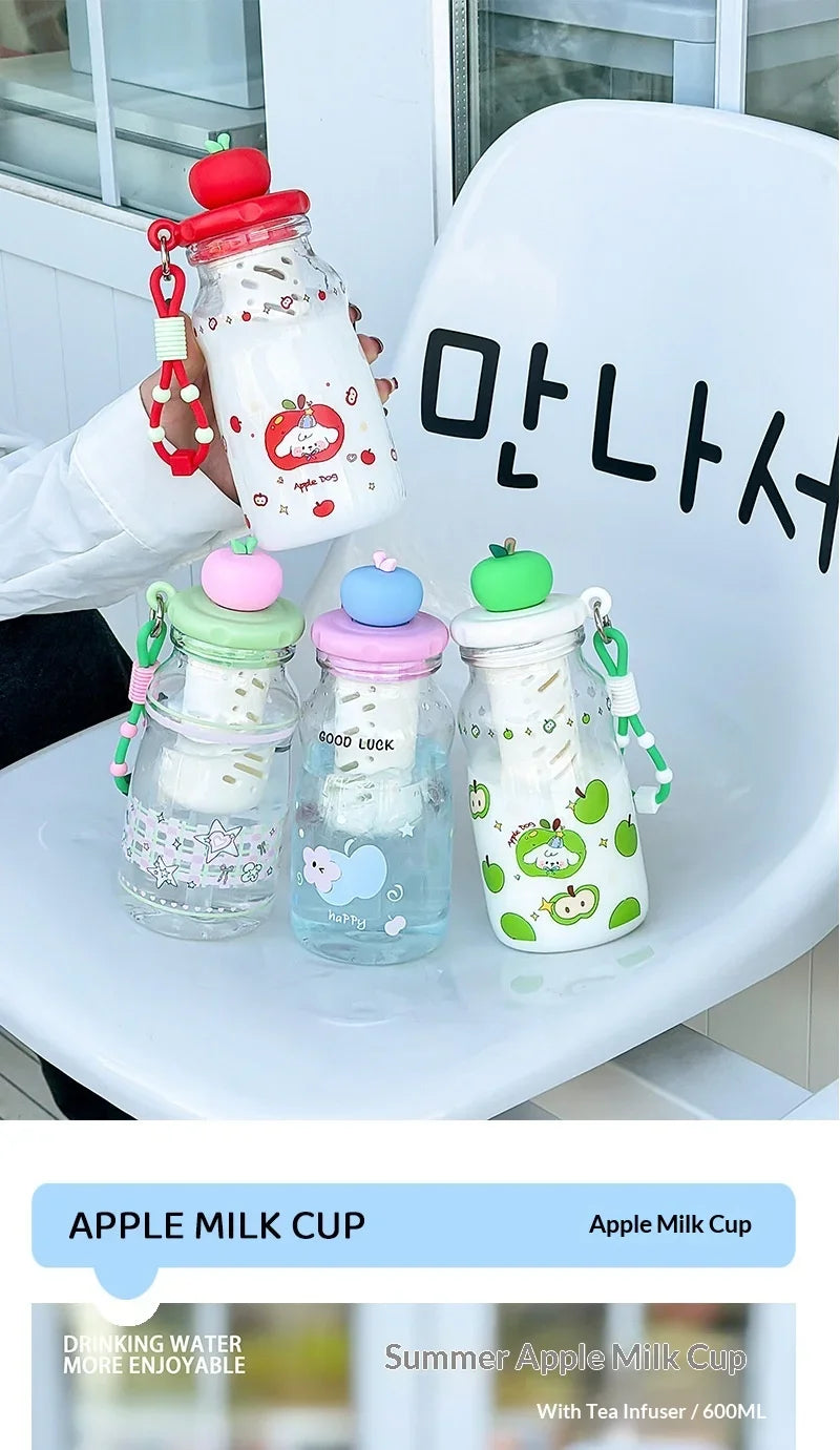 Kawaii Apple Milk Water Bottle, 600ML with Tea Infuser, Leakproof