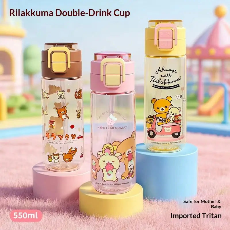 Kawaii Rilakkuma New Water Bottle 550ml Tritan Double Drink Straw Cup Cute Leakproof Portable For Outdoor Sports Travel