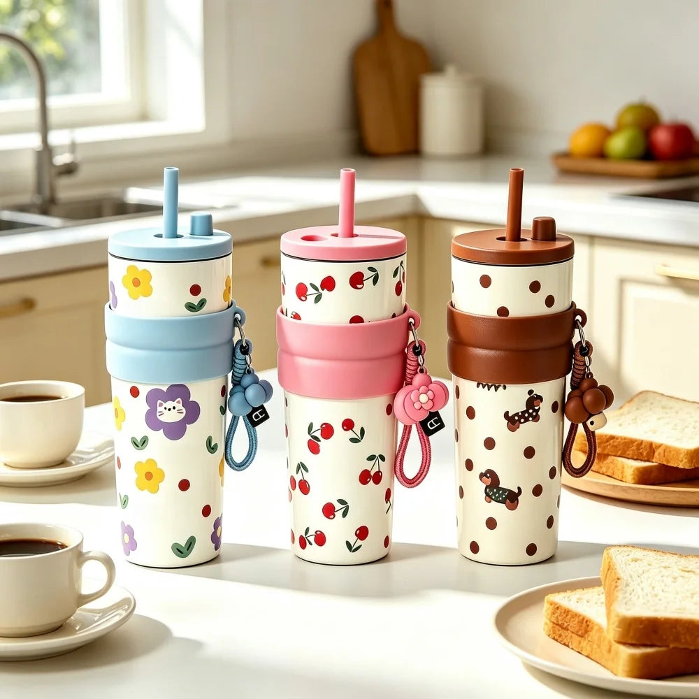 700ML Large Capacity Water Cup, Fashion Cherry Dog &amp; Cat Pattern Coffee Mug, Reusable Water Bottle With Portable Rope, Leakproof Travel Tumbler for Student School Outdoor Daily Use