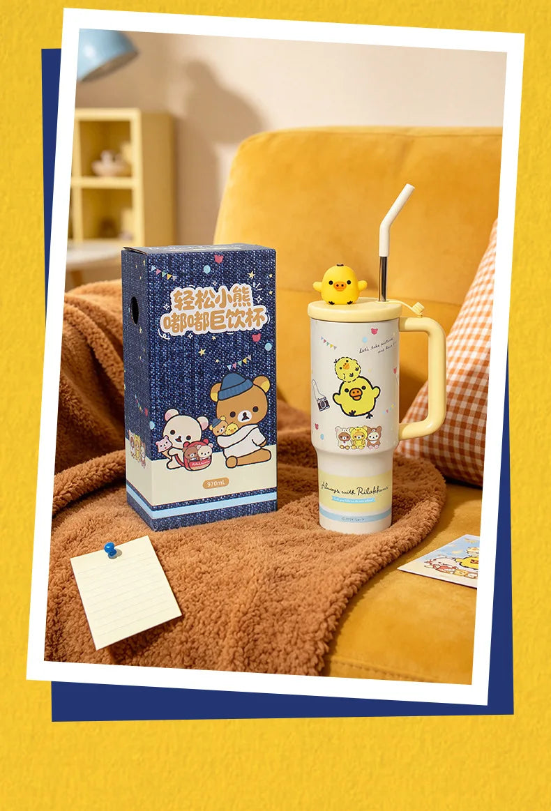 Kawaii Rilakkuma Insulated Cup With Straw 970ml Large Capacity Water Cup Printing Drinking Cup Easy Bear Anime Peripheral Gifts