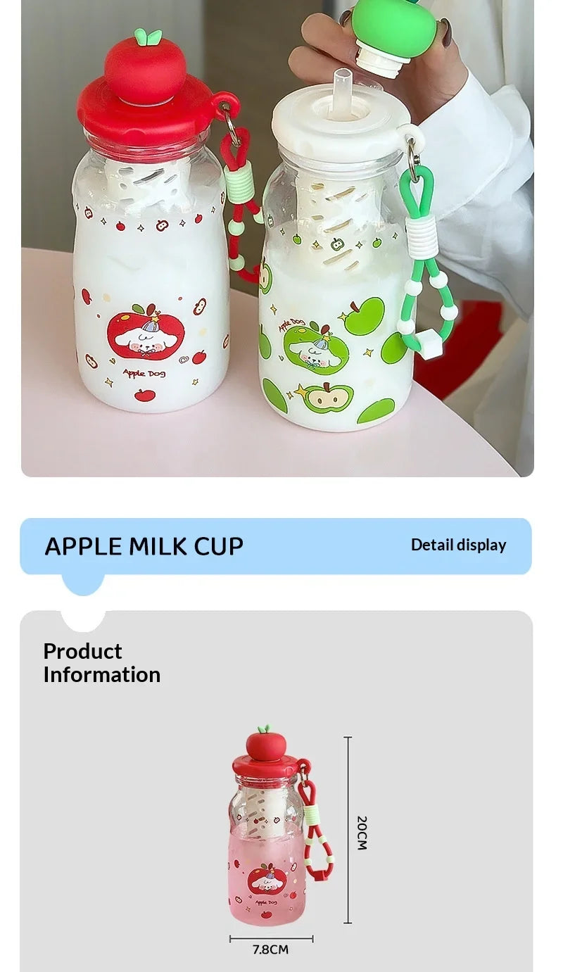 Kawaii Apple Milk Water Bottle, 600ML with Tea Infuser, Leakproof