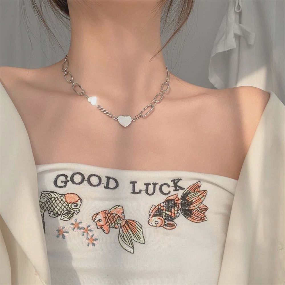 Kpop Pearl Heart Pendant Choker Necklace: Elegant Asymmetry Chain Jewelry