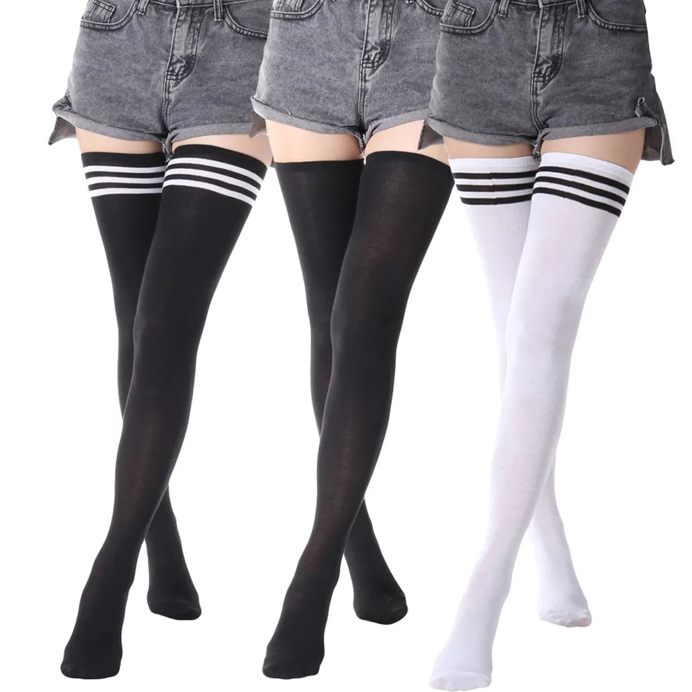 Sexy Black White Striped Long Socks Women Over Knee Thigh High