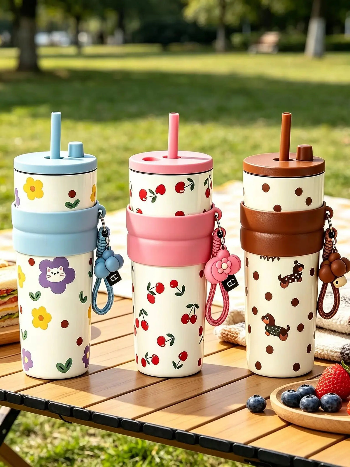 700ML Large Capacity Water Cup, Fashion Cherry Dog &amp; Cat Pattern Coffee Mug, Reusable Water Bottle With Portable Rope, Leakproof Travel Tumbler for Student School Outdoor Daily Use