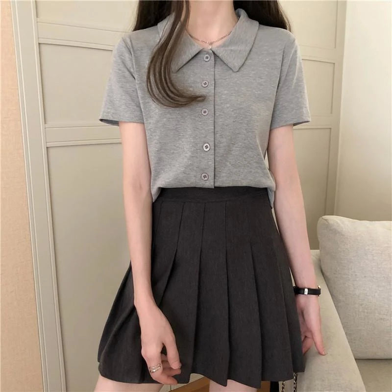 Korean Style Button Up Short Sleeve Cropped T-shirts for Women