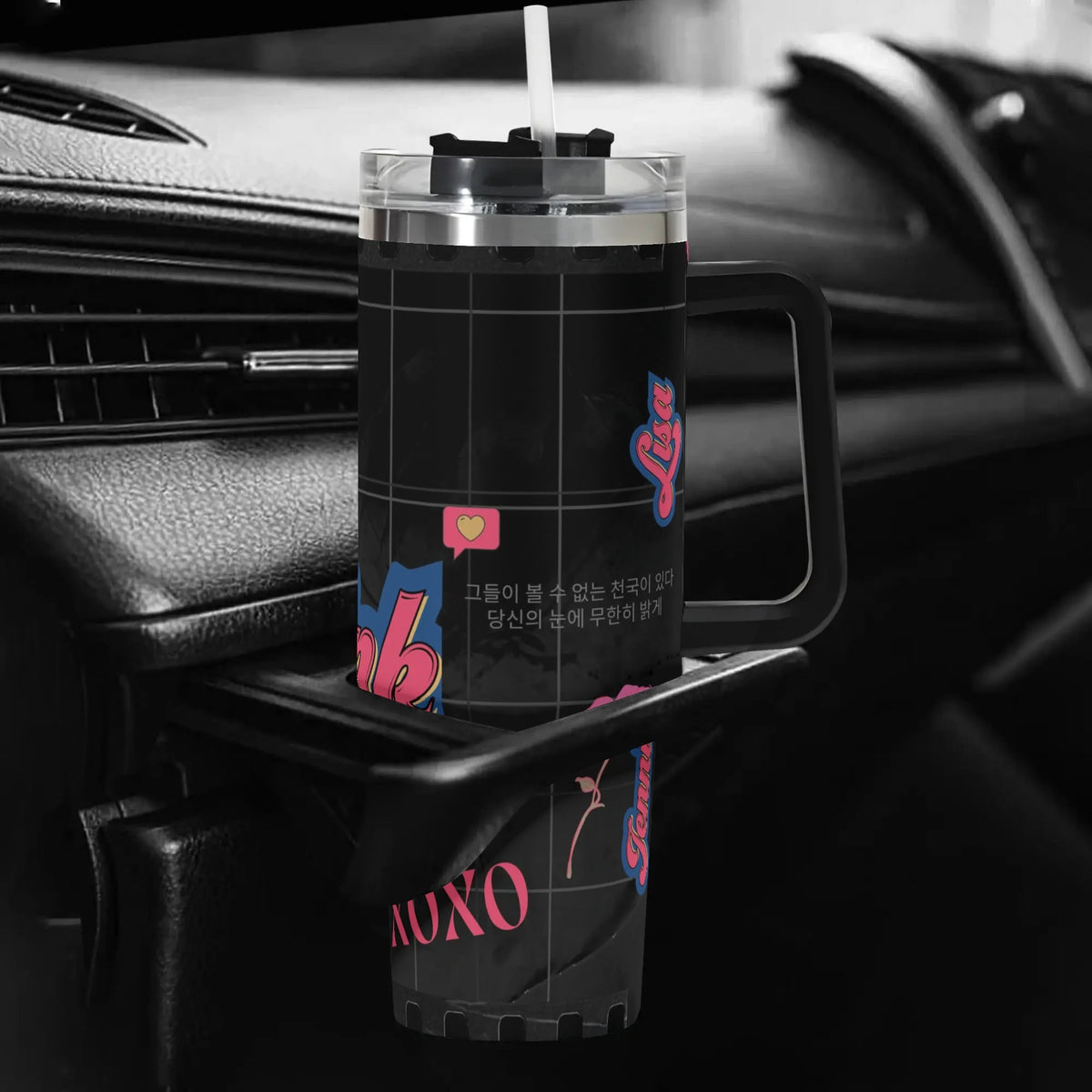 Blackpink cup in car cupholder side view