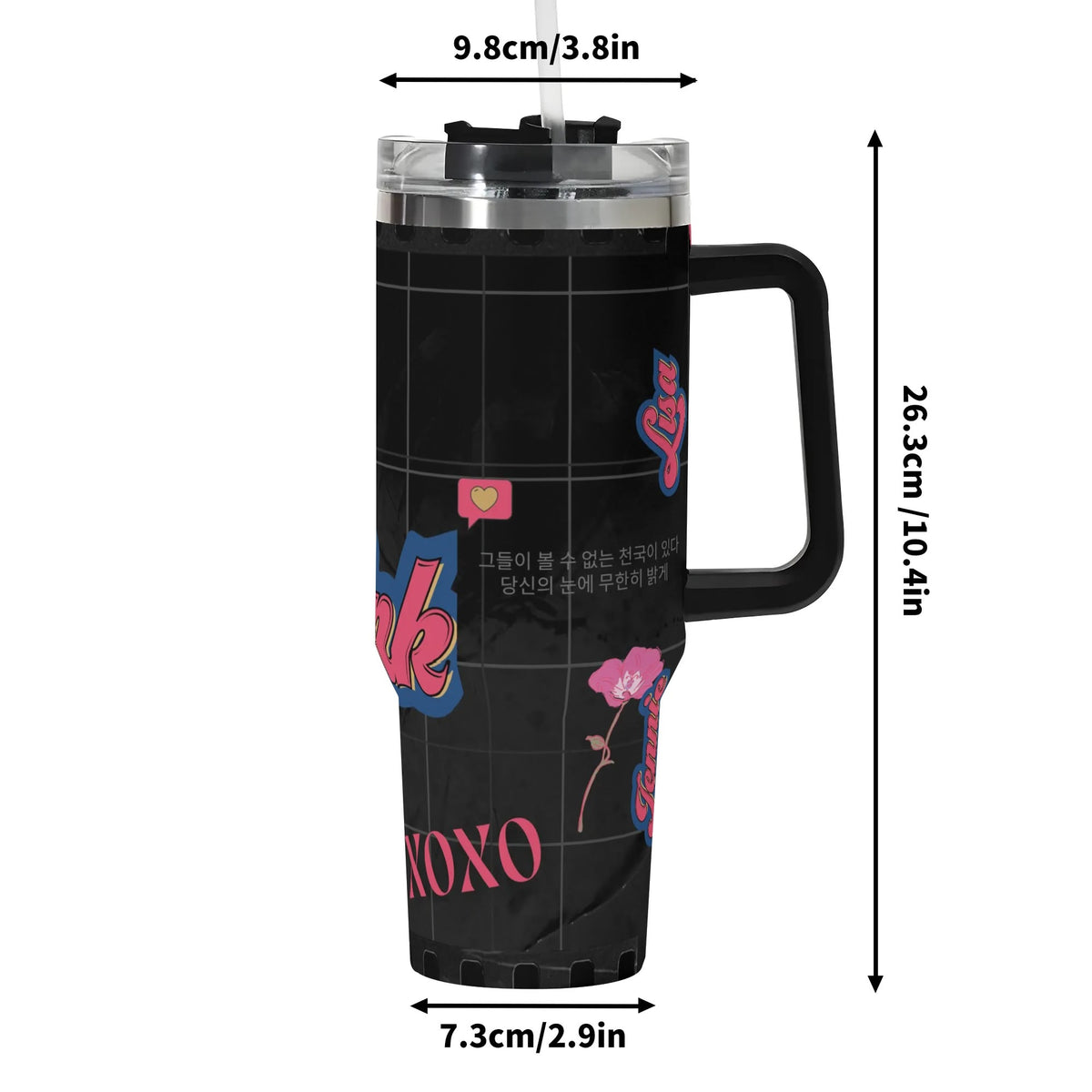 Blackpink cup image against white background with annotated dimensions measurements