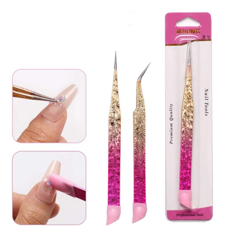 Pink crusted encrusted Nail Art Tweezers