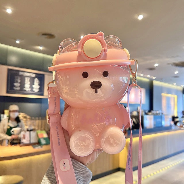 Kawaii Bear Pastel Water Bottle With Straps Cute Girls Children