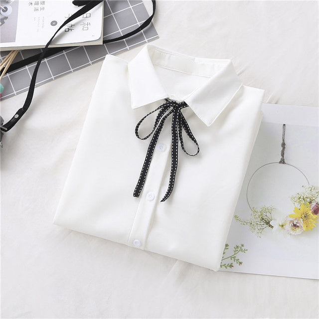 College Style Bow Lace-up White Shirt Women Japanese Long Sleeved Blouse Girls Y2k Student Turn Down Collar Blouse Tops Mujer