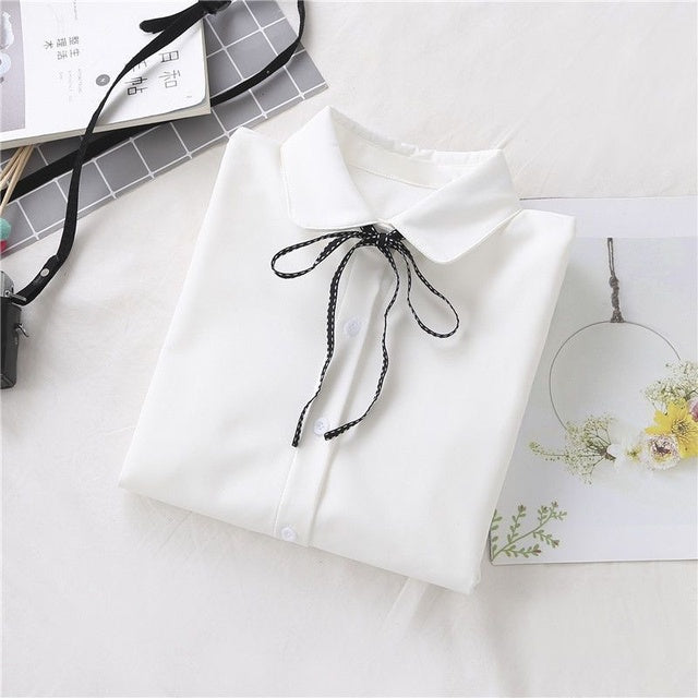 College Style Bow Lace-up White Shirt Women Japanese Long Sleeved Blouse Girls Y2k Student Turn Down Collar Blouse Tops Mujer