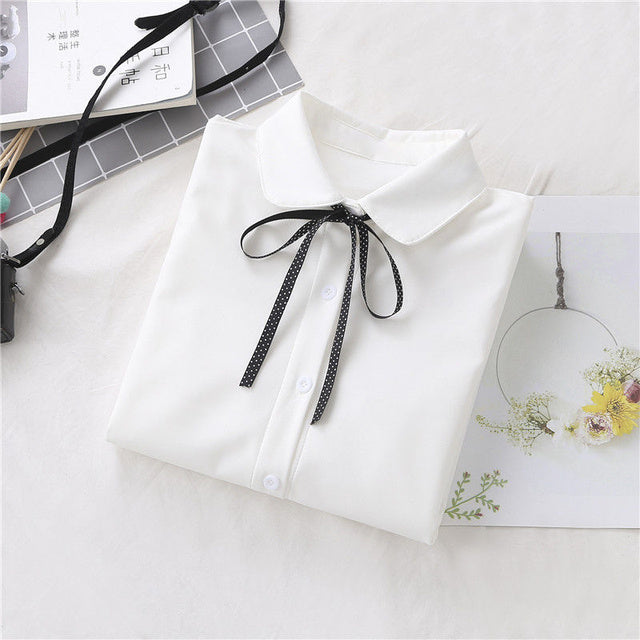 College Style Bow Lace-up White Shirt Women Japanese Long Sleeved Blouse Girls Y2k Student Turn Down Collar Blouse Tops Mujer