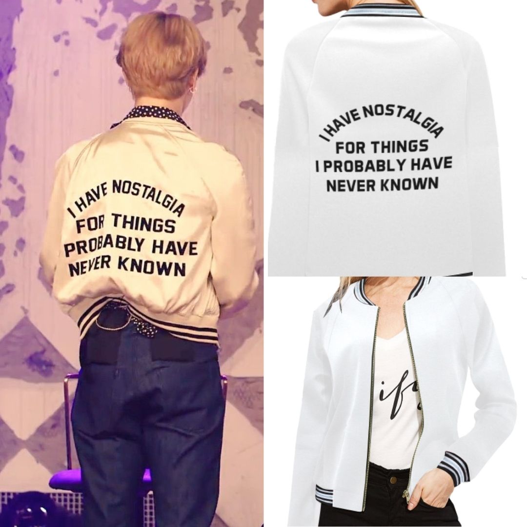 Photo of Jimin backing the crowd in his Nostalgia Bomber Jacket