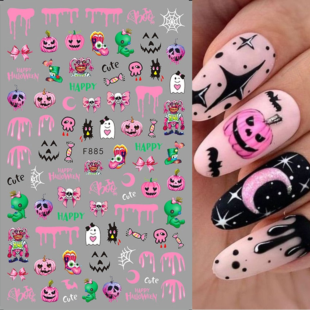 Green and Pink Ghouly Halloween Kawaii Nail Stickers