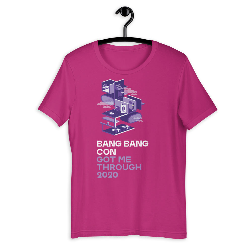 Size guide for the Bang Bang Con Purple Short-Sleeve Unisex T-Shirt, displaying various sizes available for a great fit - bang bang con short.