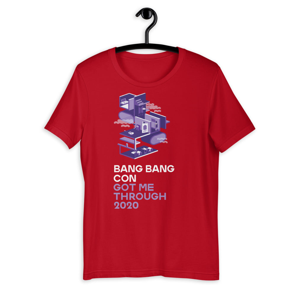 Flat lay of the Bang Bang Con Purple Short-Sleeve Unisex T-Shirt, perfect for showing off its vibrant color and design - bang bang con short.