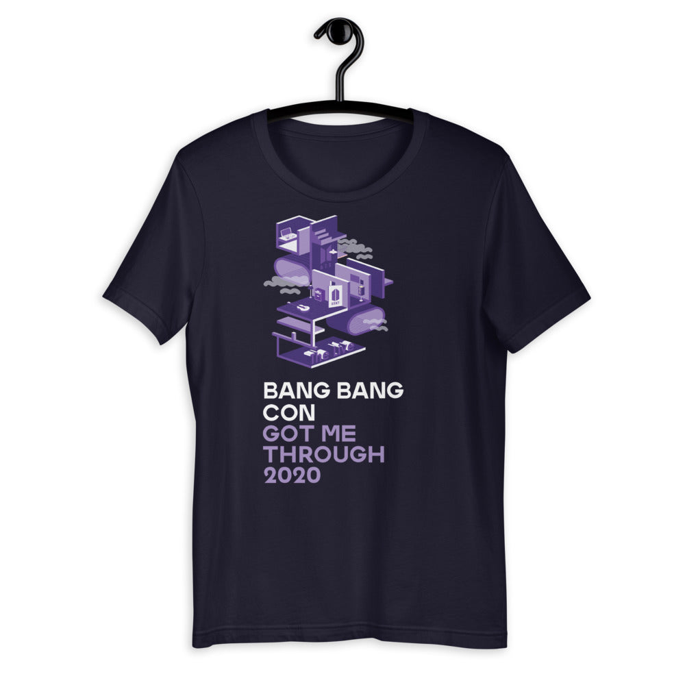 Comfortable and stylish Bang Bang Con Purple Short-Sleeve Unisex T-Shirt showcasing its side-seamed design - bang bang con short.