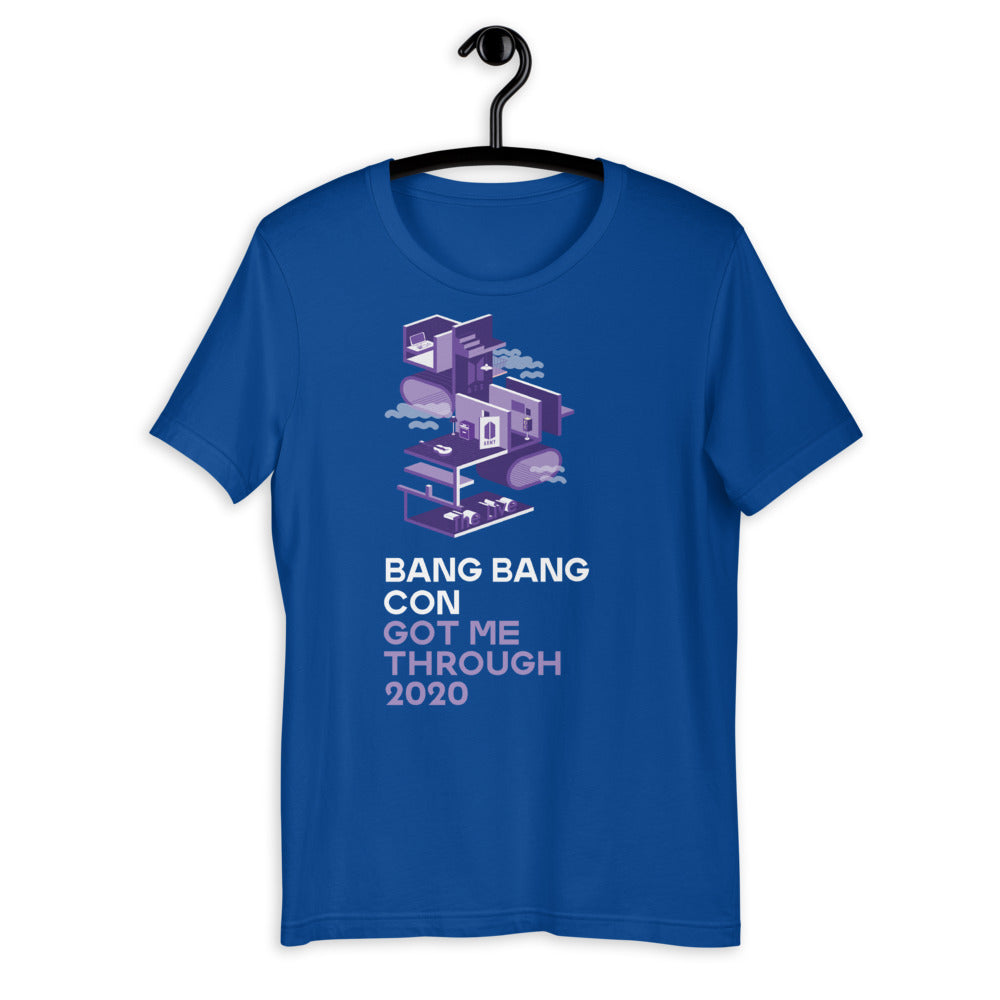 Model wearing the Bang Bang Con Purple Short-Sleeve Unisex T-Shirt in a casual outfit for both men and women - bang bang con short.