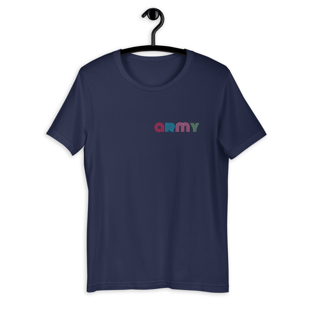 Army Dynamite Short-Sleeve Unisex T-Shirt featuring vibrant colors and a fun design, perfect for BTS fans who love the bts dynamite shirt.