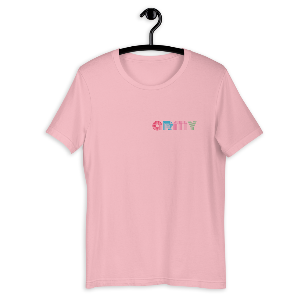 Flat lay of the Army Dynamite Short-Sleeve Unisex T-Shirt, perfectly displaying the relaxed fit and cool design, a must-have for any bts dynamite shirt collection.