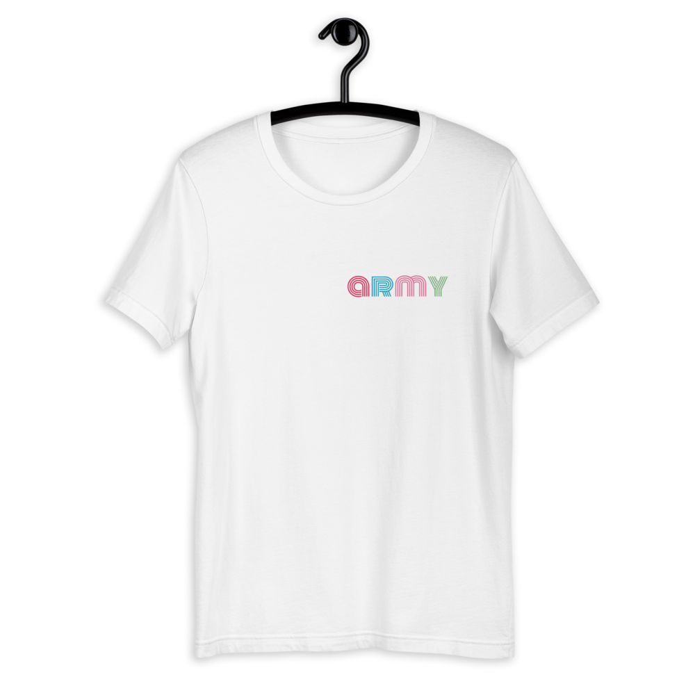 Army Dynamite Short-Sleeve Unisex T-Shirt featuring vibrant colors and a fun design, perfect for BTS fans who love the bts dynamite shirt.