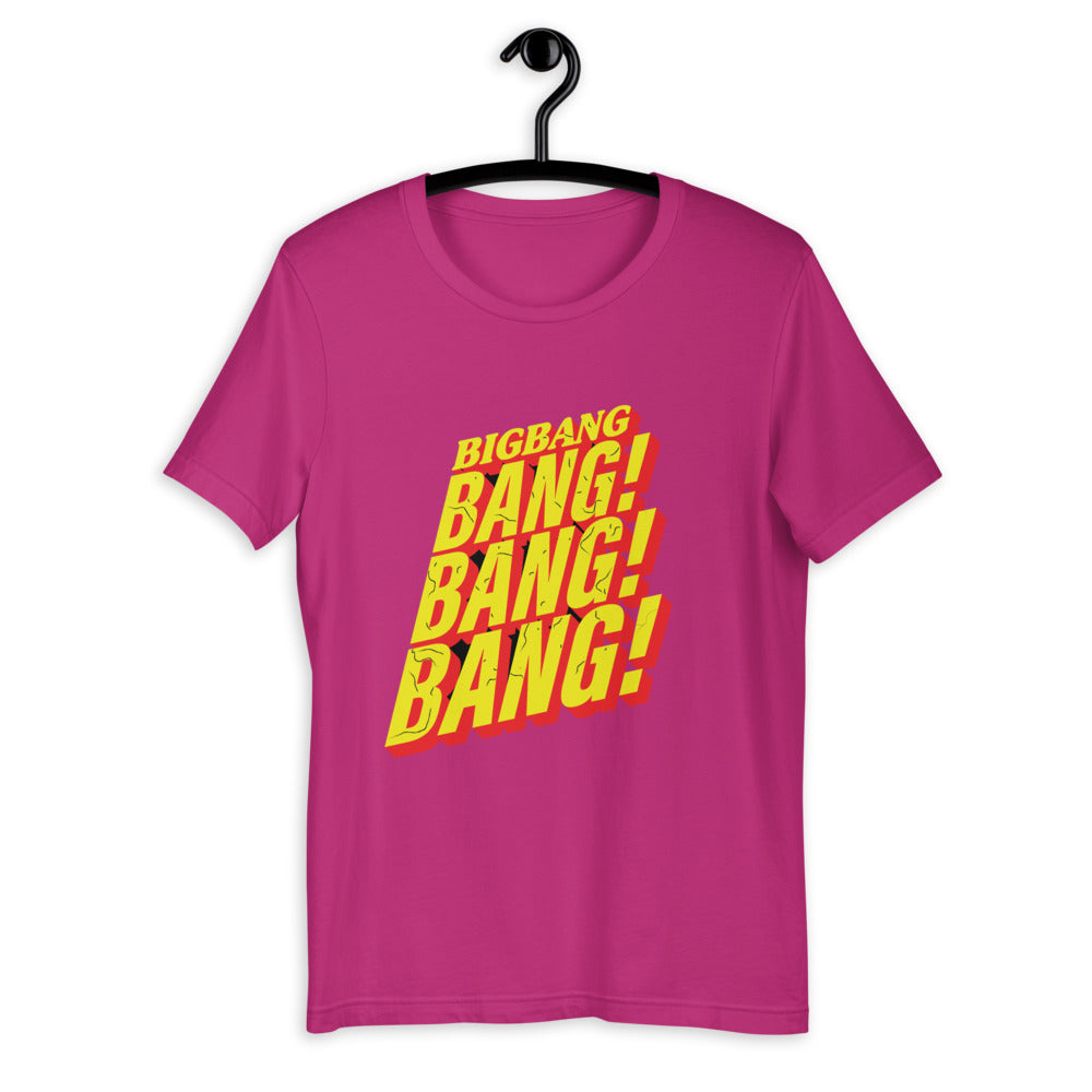 The BIGBANG Action Short-Sleeve Unisex T-Shirt displayed on a hanger, ideal as a Big Bang Shirt Kpop gift option.